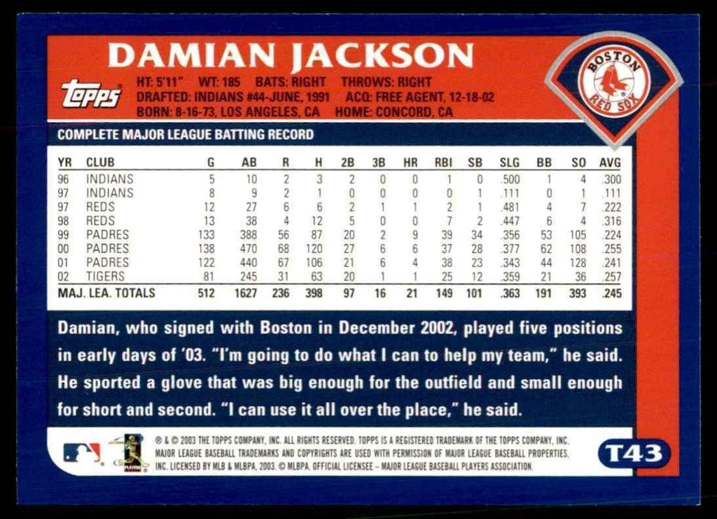 2003 TOPPS TRADED & ROOKIES DAMIAN JACKSON BOSTON RED SOX #T43