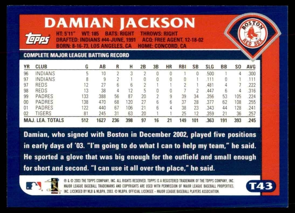 2003 TOPPS TRADED & ROOKIES DAMIAN JACKSON BOSTON RED SOX #T43
