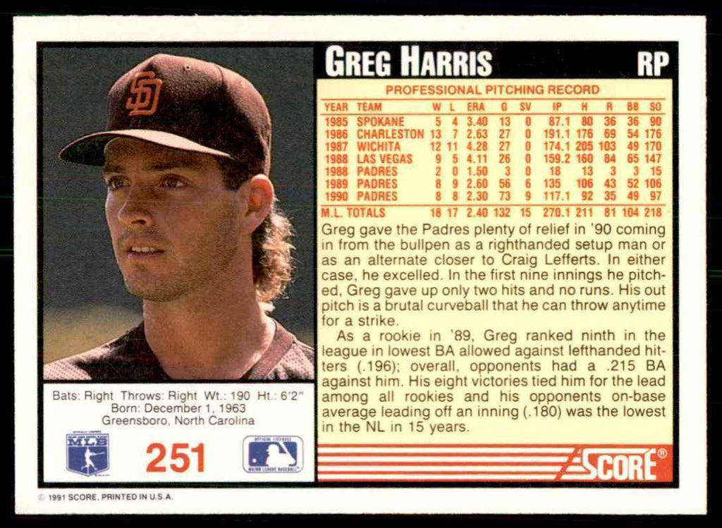 1991 SCORE GREG HARRIS SAN DIEGO PADRES #251