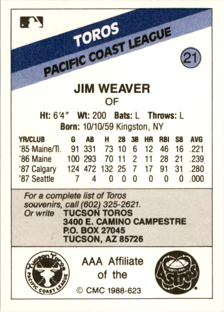 1988 CMC MINOR LEAGUE JIM WEAVER TUCSON TOROS. #21