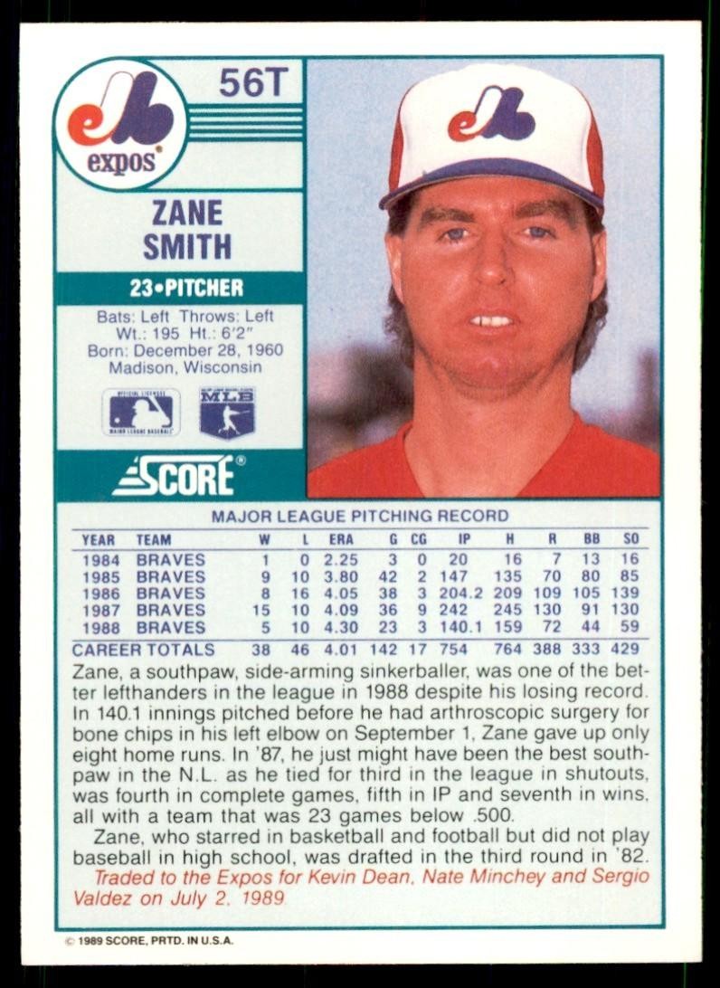 1989 Score Rookie & Traded- Zane Smith Montreal Expos #56T