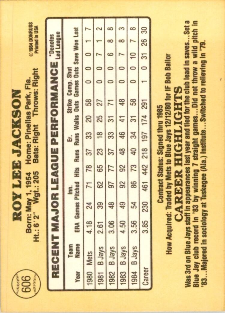 1985 Donruss Roy Lee Jackson 100 Baseball Cards #606