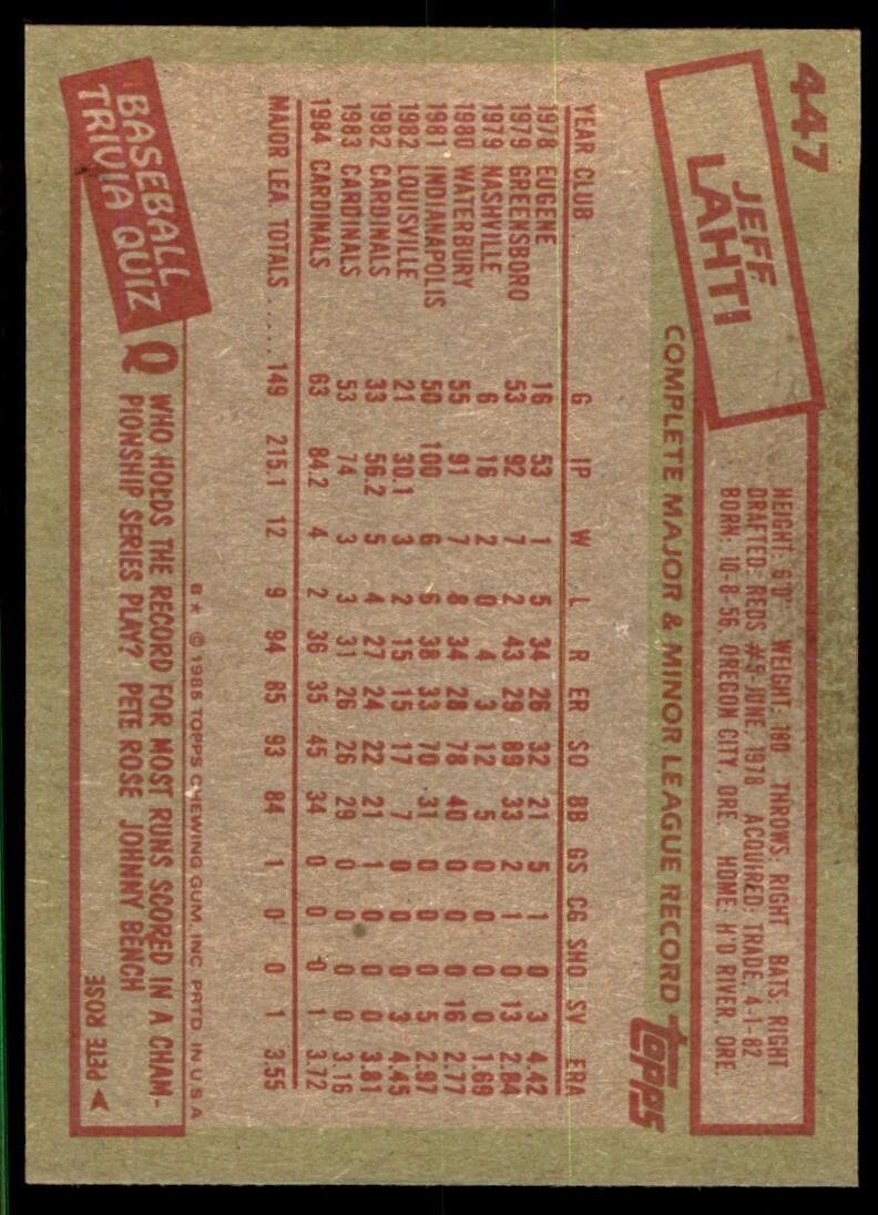 1985 Topps Jeff Lahti Baseball Cards #447