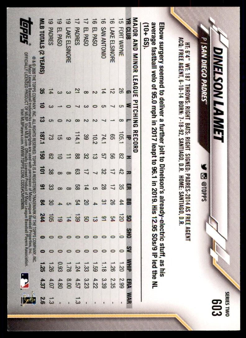 2020 Topps Dinelson Lamet B Baseball Cards #603
