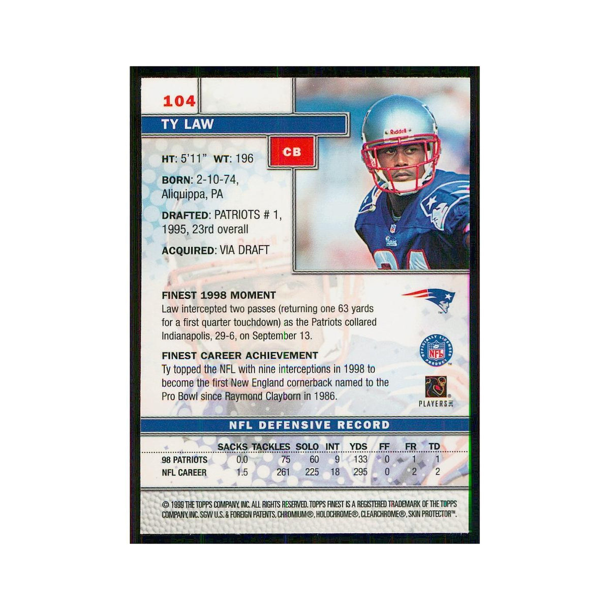 1999 Topps Finest w Coating Ty Law 104