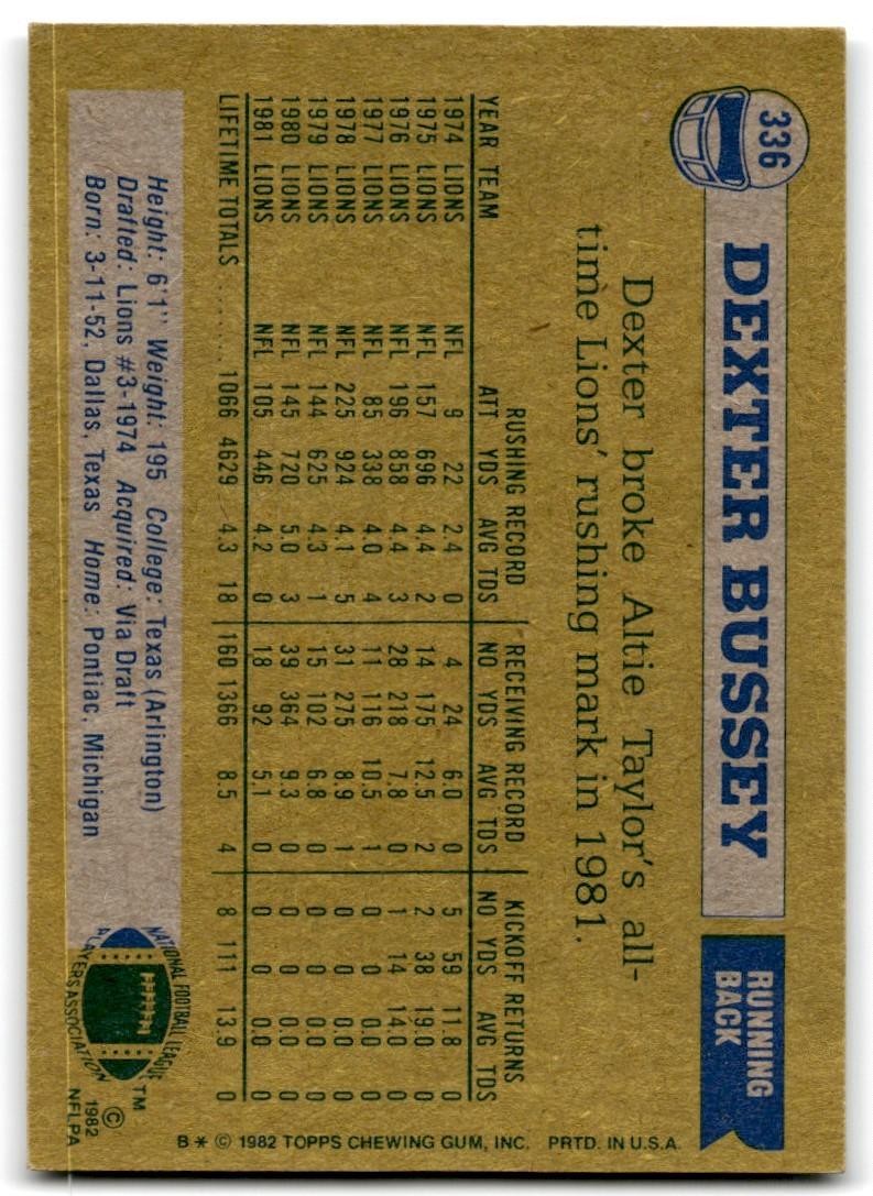 1982 Topps Dexter Bussey Vintage Detroit Lions #336