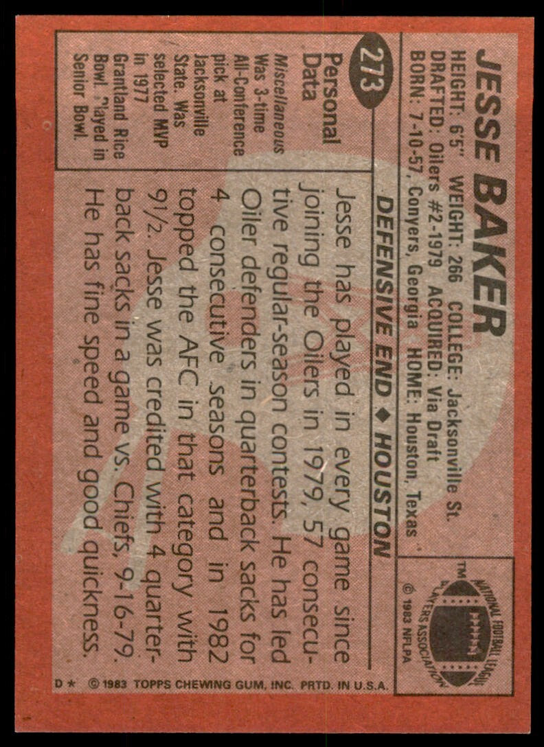 1983 Topps Jesse Baker .  Houston Oilers #273