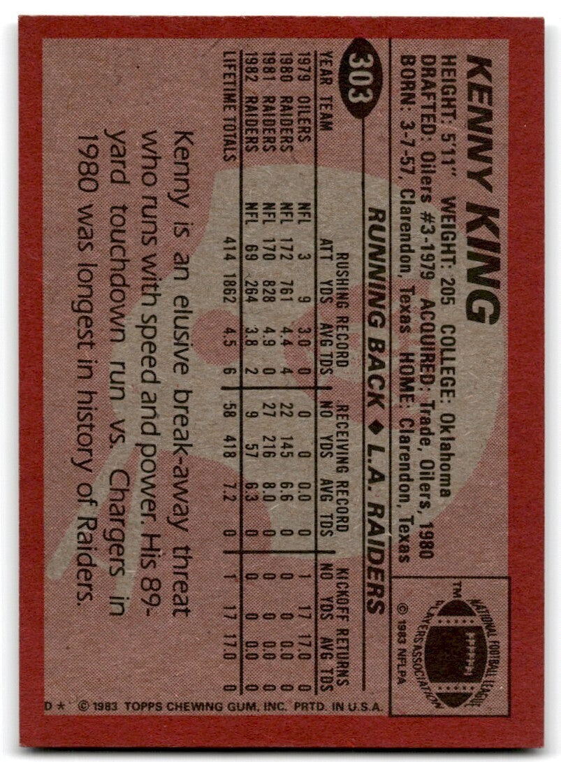1983 Topps Kenny King Los Angeles Raiders #303