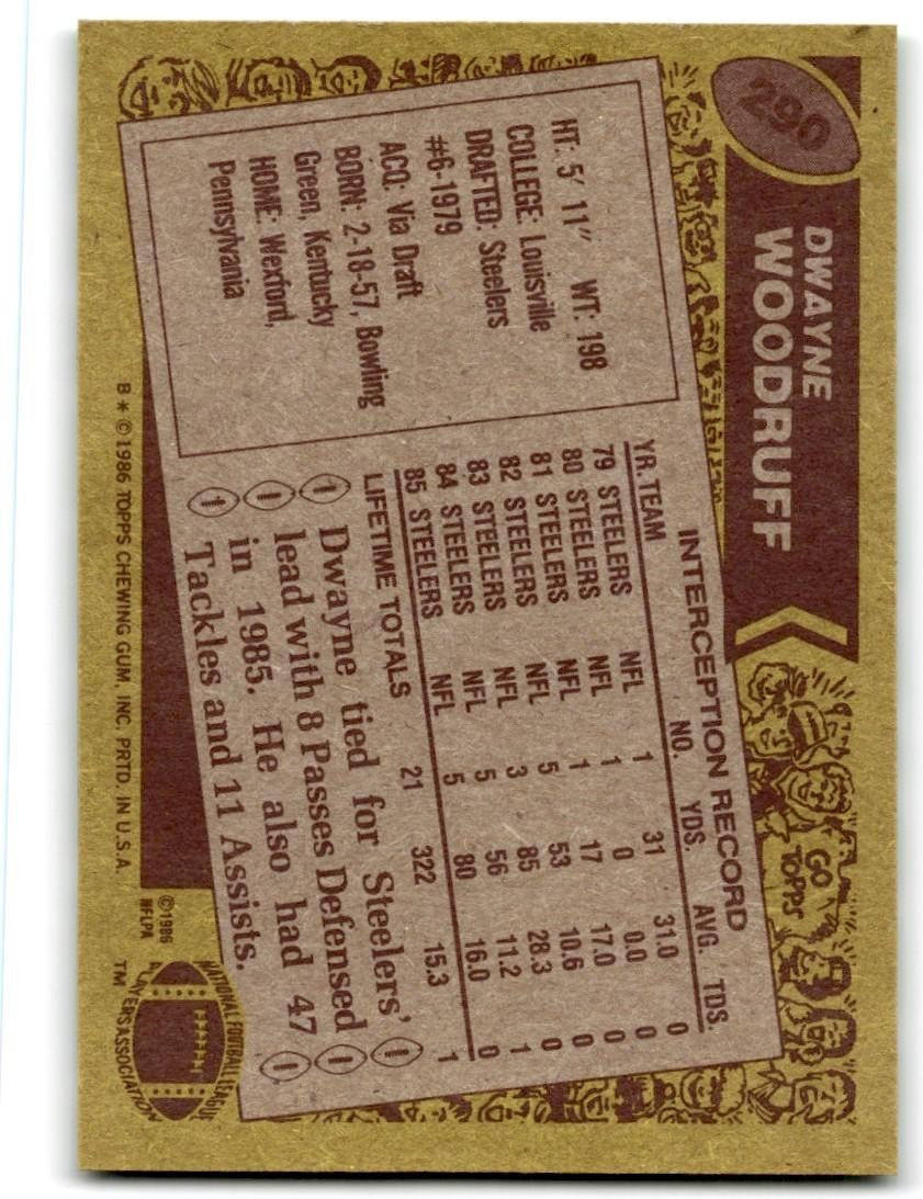 1986 Topps Dwayne Woodruff Vintage Pittsburgh Steelers #290