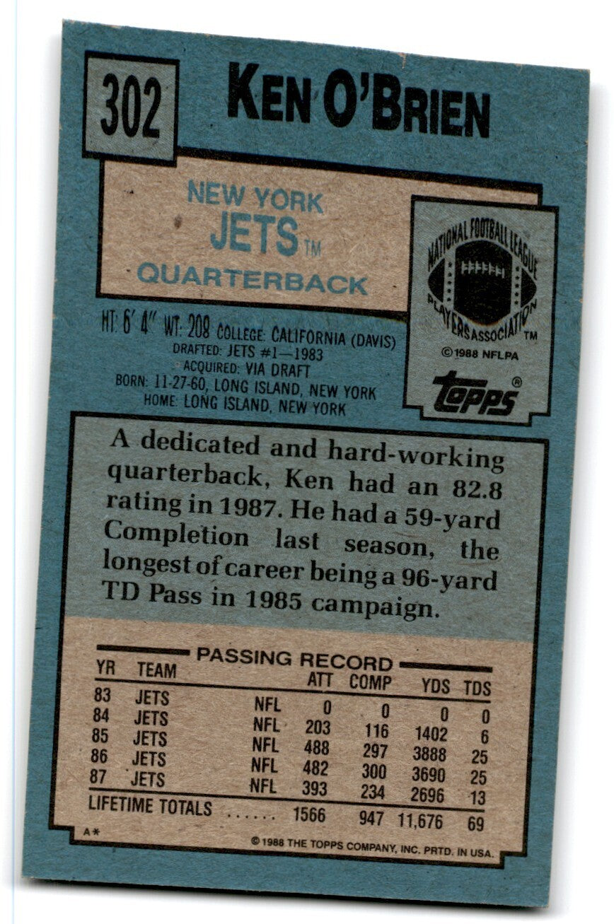 1988 Topps Ken O'Brien . New York Jets #302