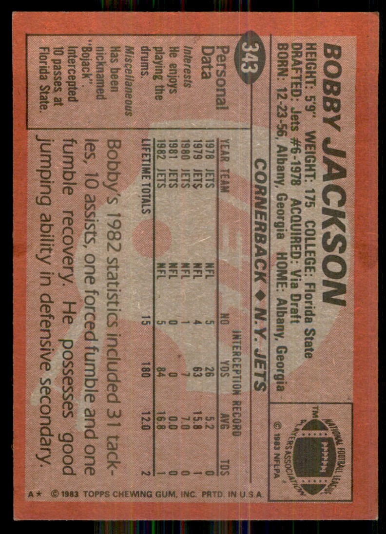 1983 Topps Bobby Jackson . New York Jets #343