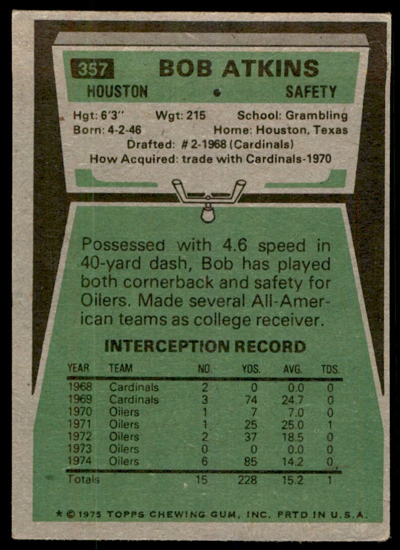 1975 TOPPS BOB ATKINS . HOUSTON OILERS #357
