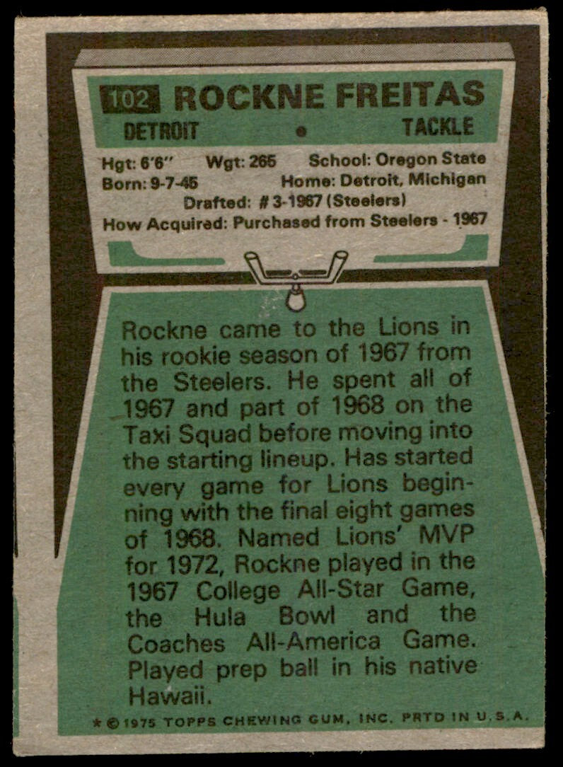 1975 TOPPS ROCKNE FREITAS . DETROIT LIONS #102