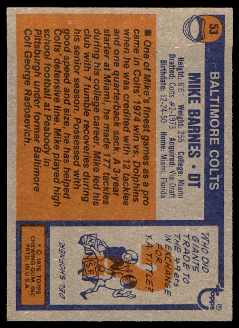 1976 TOPPS MIKE BARNES ROOKIE . BALTIMORE COLTS #53