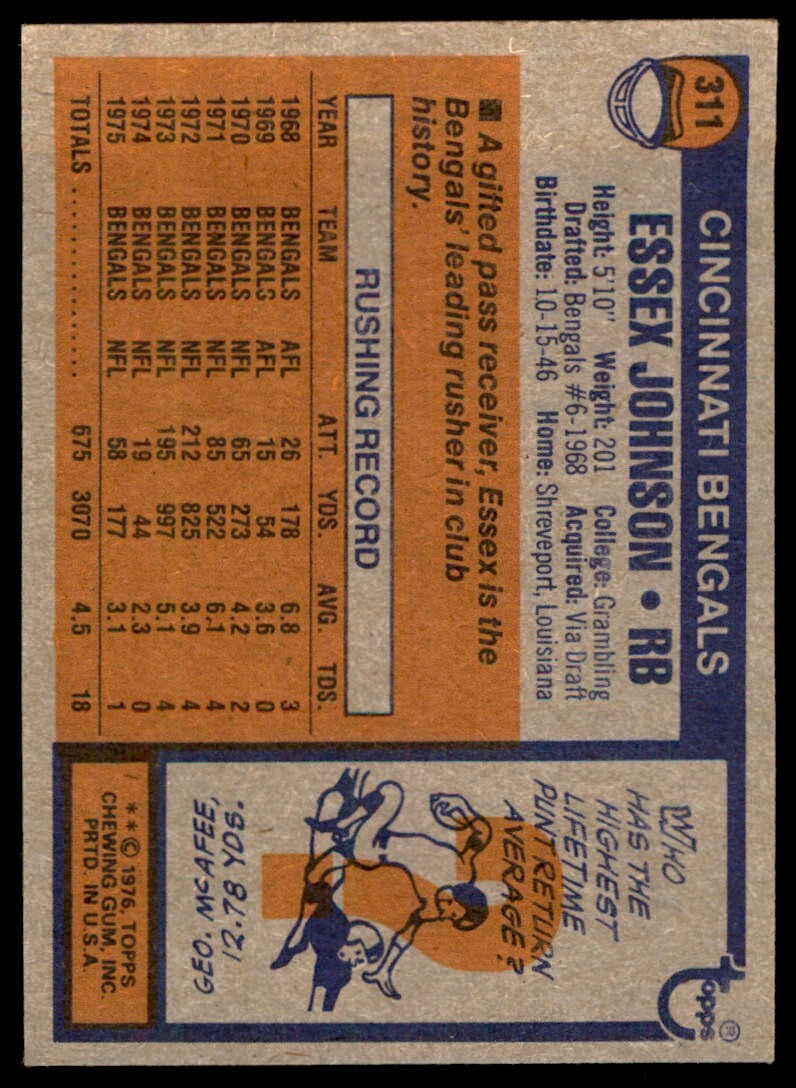 1976 TOPPS ESSEX JOHNSON . CINCINNATI BENGALS #311