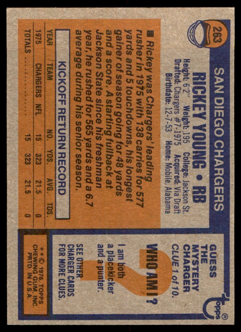 1976 TOPPS RICKEY YOUNG ROOKIE . SAN DIEGO CHARGERS #263