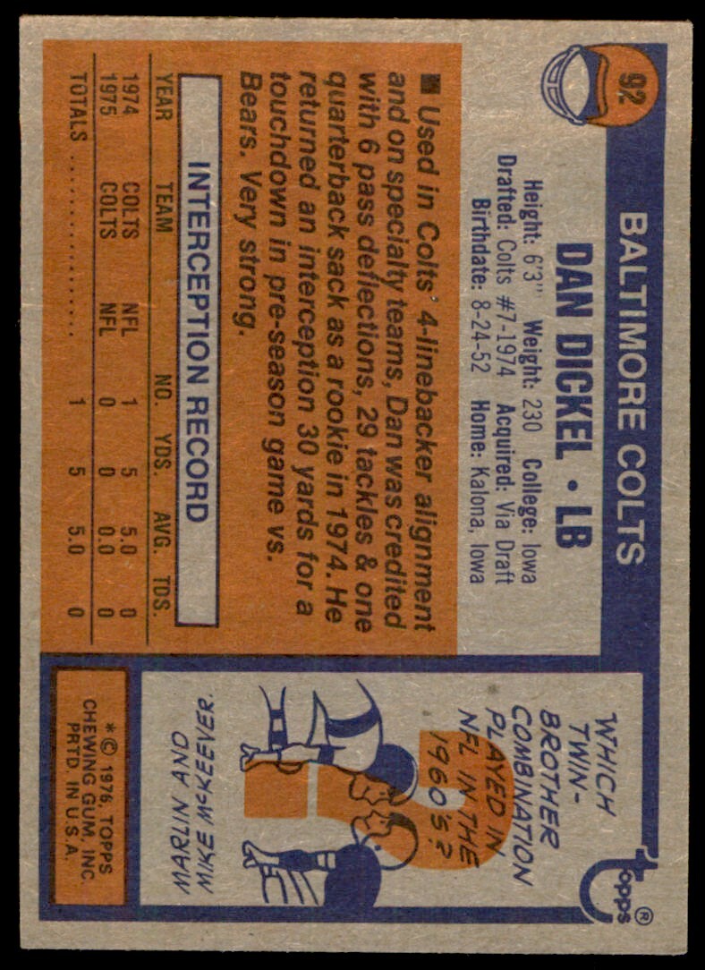 1976 TOPPS DAN DICKEL . BALTIMORE COLTS #92