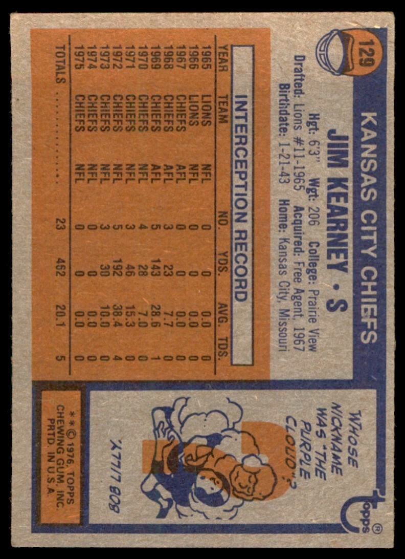 1976 TOPPS JIM KEARNEY . KANSAS CITY CHIEFS #12