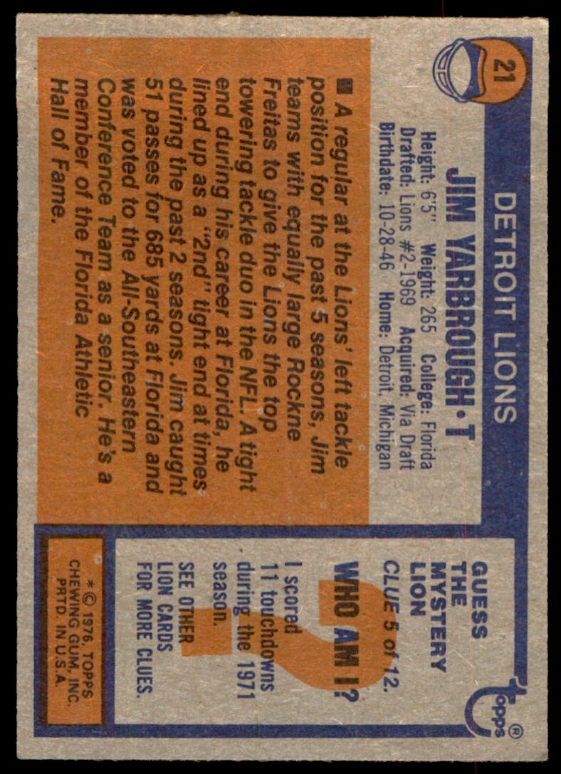 1976 TOPPS JIM YARBROUGH . DETROIT LIONS #21