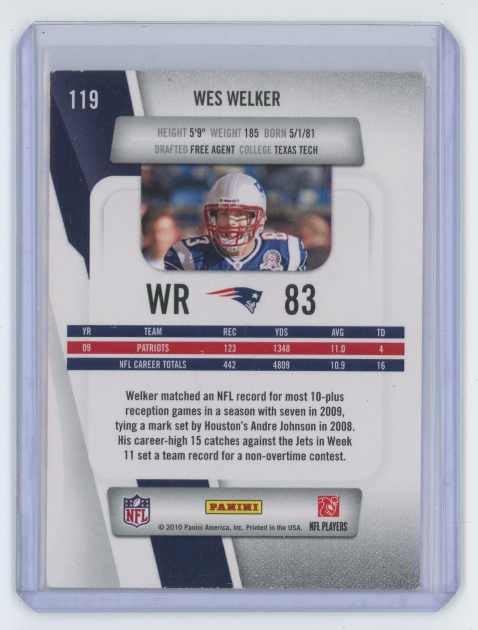 2010 Panini Prestige Wes Welker New England Patriots #119