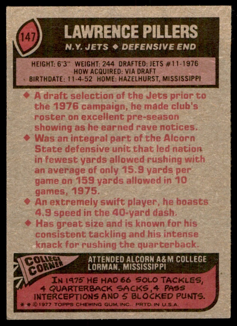 1977 TOPPS LAWRENCE PILLERS ROOKIE . NEW YORK JETS #147