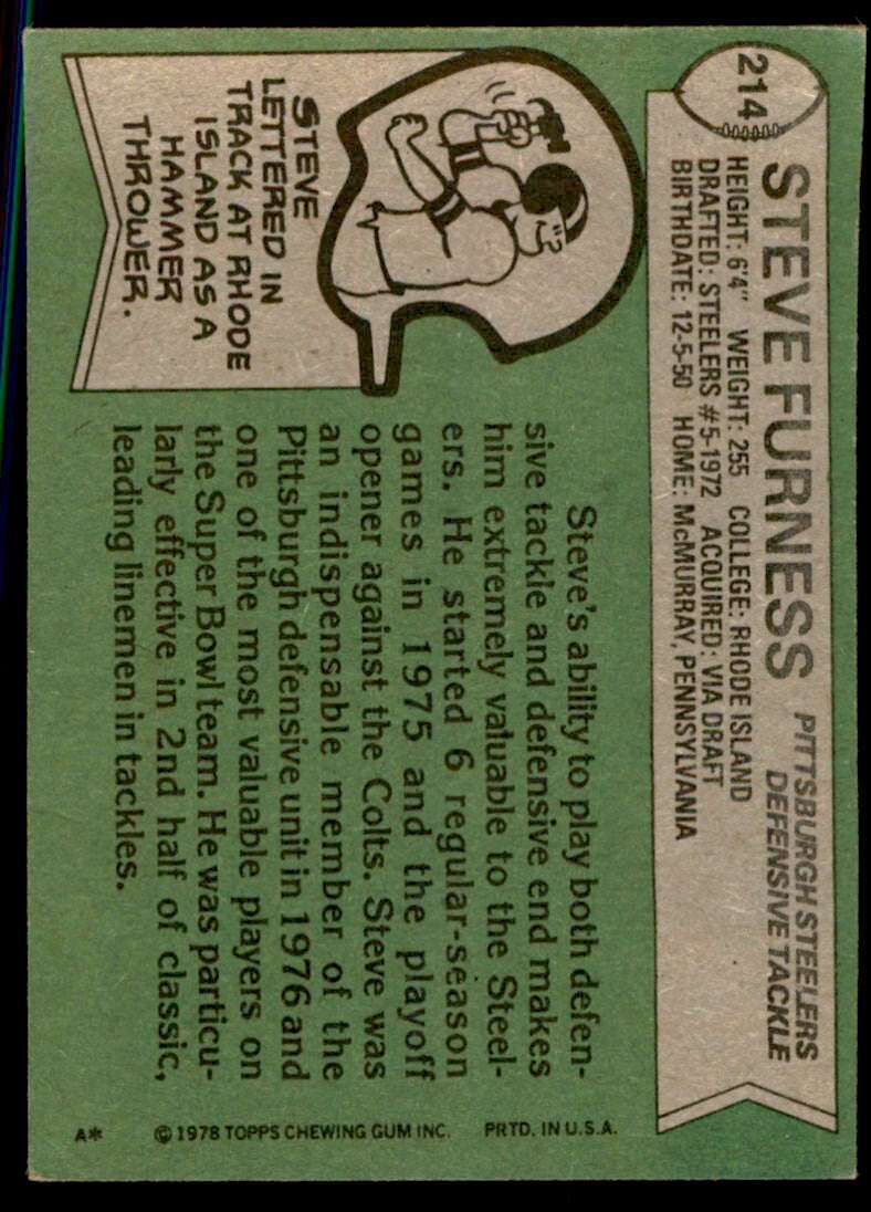 1978 TOPPS STEVE FURNESS . PITTSBURGH STEELERS #214