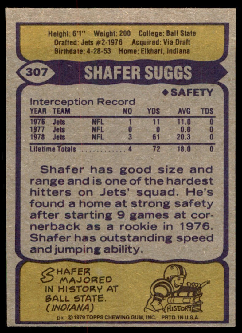 1979 TOPPS SHAFER SUGGS ROOKIE . NEW YORK JETS #307
