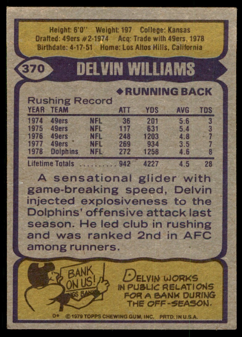 1979 TOPPS DELVIN WILLIAMS . MIAMI DOLPHINS #370