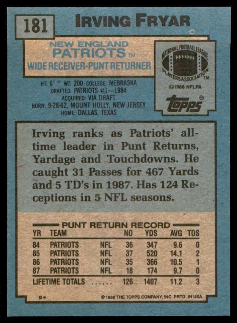 1988 Topps Irving Fryar . New England Patriots #181