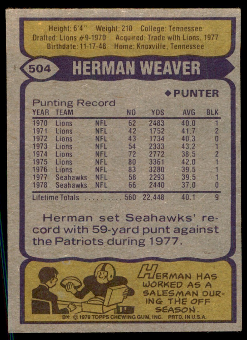 1979 TOPPS HERMAN WEAVER . SEATTLE SEAHAWKS #504