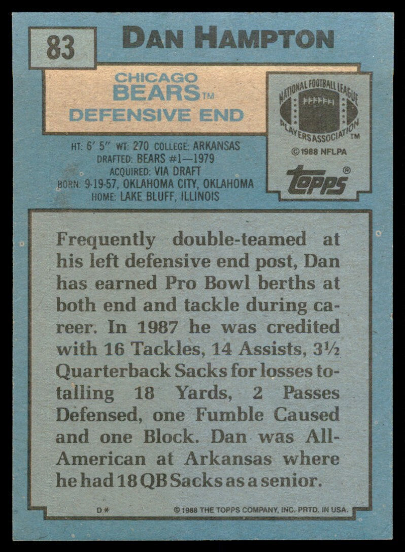1988 Topps Dan Hampton . Chicago Bears #83