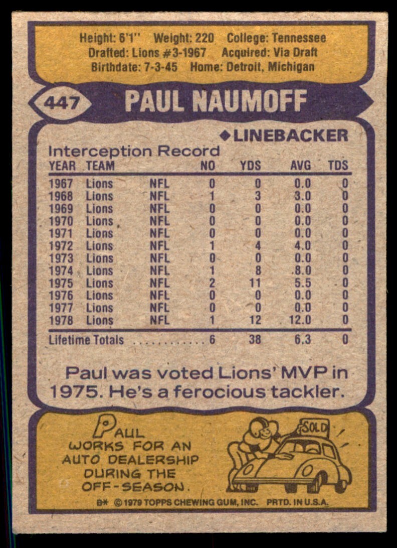 1979 TOPPS PAUL NAUMOFF . DETROIT LIONS #447