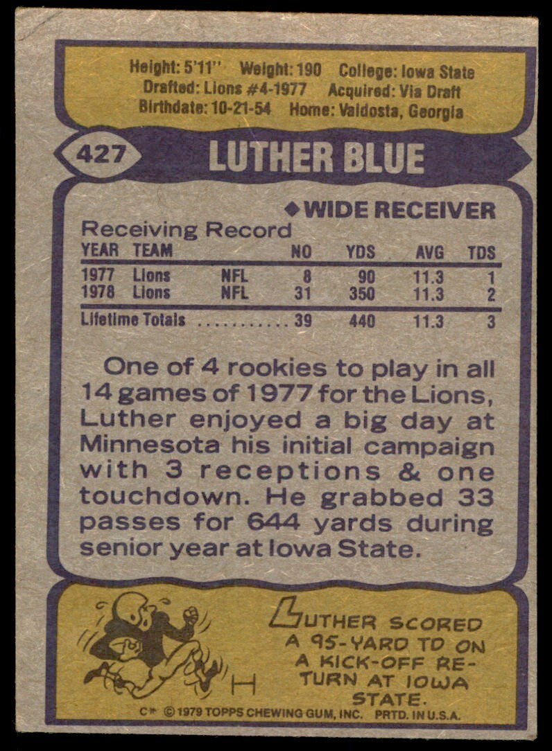 1979 TOPPS LUTHER BLUE ROOKIE . DETROIT LIONS #427