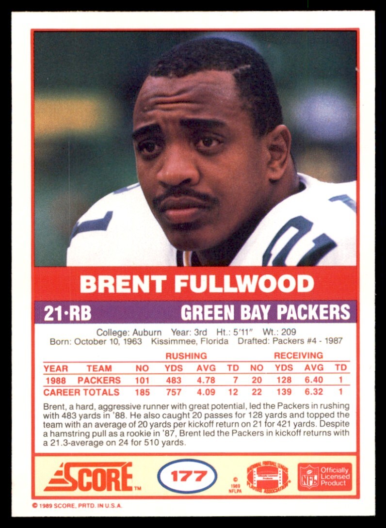 1989 Score Brent Fullwood Rookie . Green Bay Packers #177
