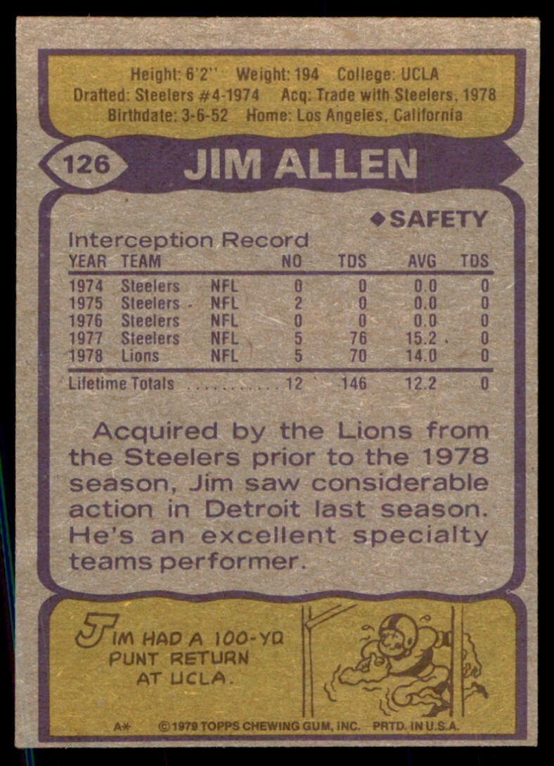 1979 TOPPS JIM ALLEN . DETROIT LIONS #126