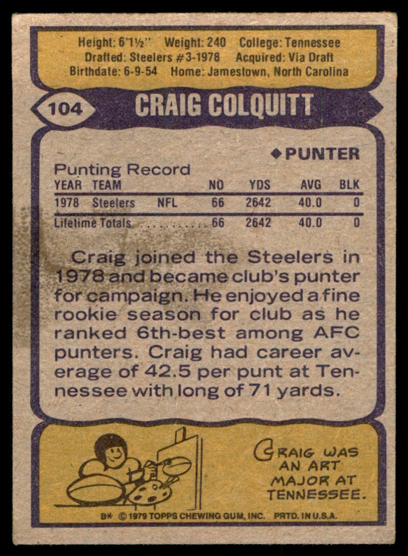 1979 TOPPS CRAIG COLQUITT ROOKIE . PITTSBURGH STEELERS #104