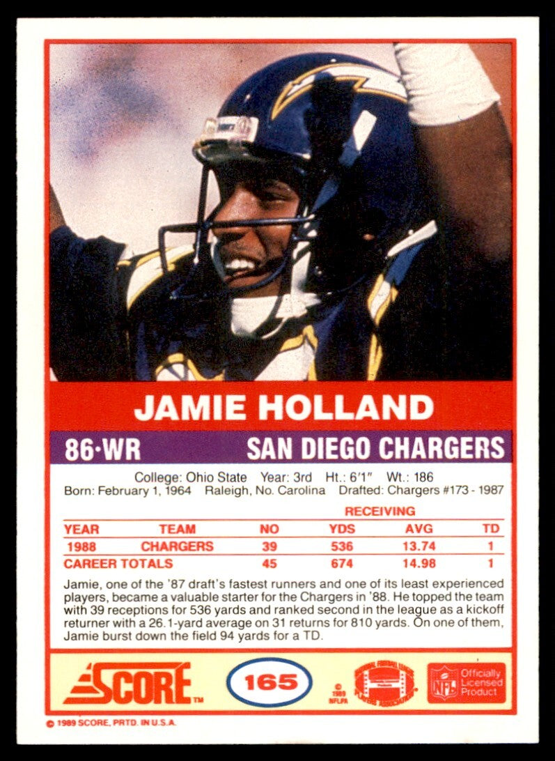 1989 Score Jamie Holland Rookie . San Diego Chargers #165