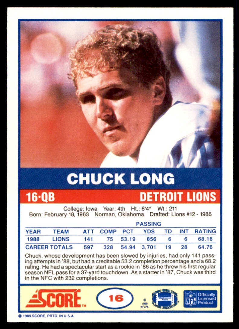 1989 Score Chuck Long .  Detroit Lions #16