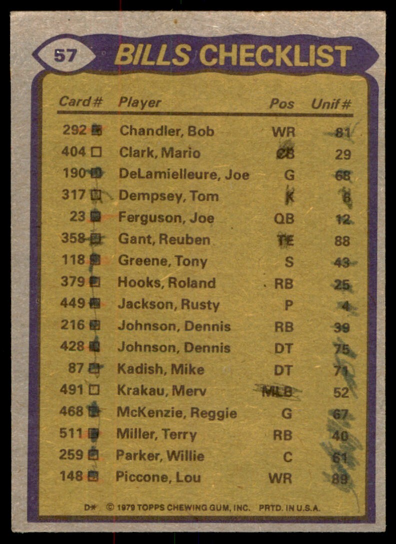 1979 TOPPS TERRY MILLER/FRANK LEWIS/MARIO CLARK/LUCIUS SANFORD . BUFFALO BILLS