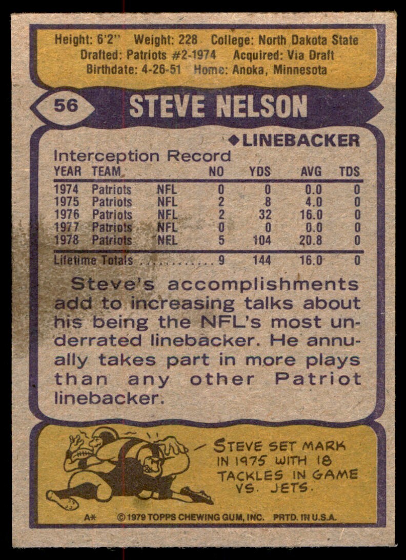 1979 TOPPS STEVE NELSON . NEW ENGLAND PATRIOTS #56