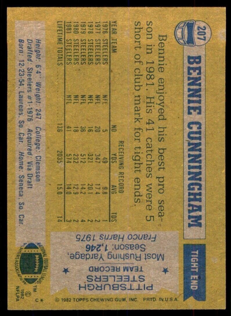 1982 Topps Bennie Cunningham Pittsburgh Steelers #207
