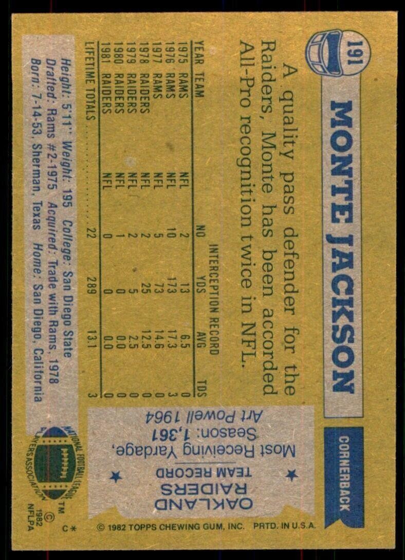 1982 Topps Monte Jackson Oakland Raiders #191.