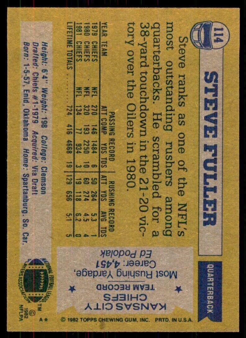 1982 Topps! Steve Fuller Kansas City Chiefs #114