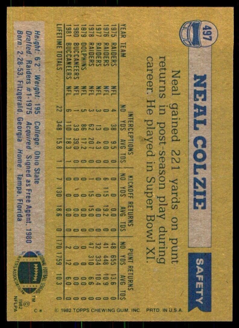 1982 Topps- Neal Colzie Tampa Bay Buccaneers #497.