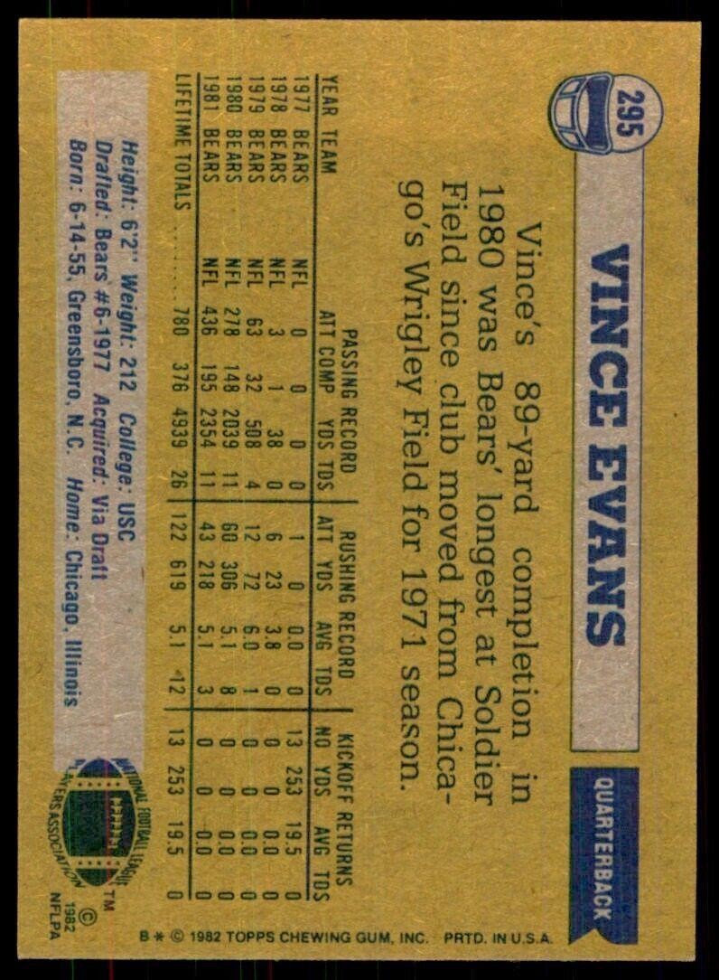 1982 Topps- Vince Evans Chicago Bears #295.