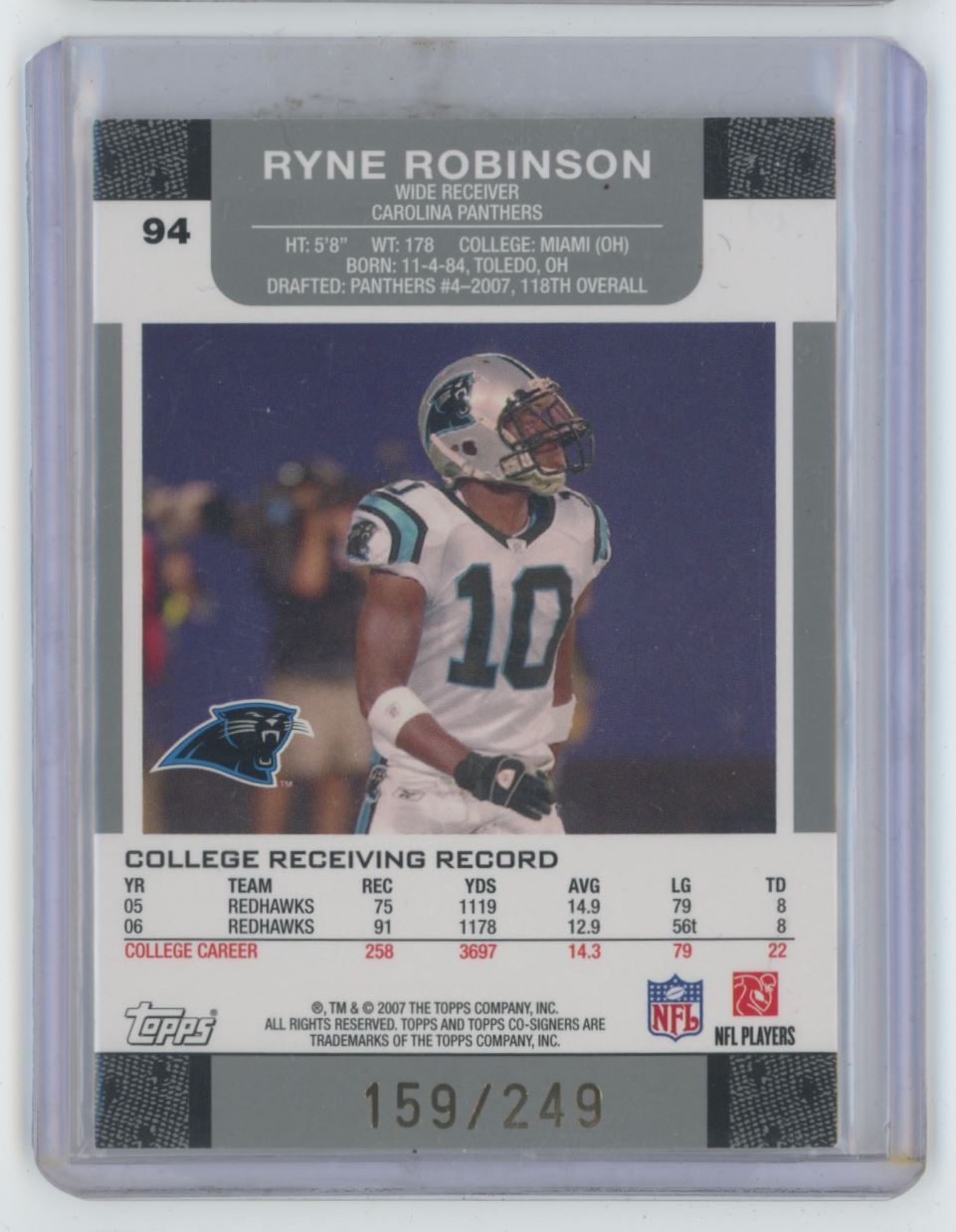 2007 Topps Co-Signers Ryne Robinson Rookie .  159/249 Carolina Panthers #94