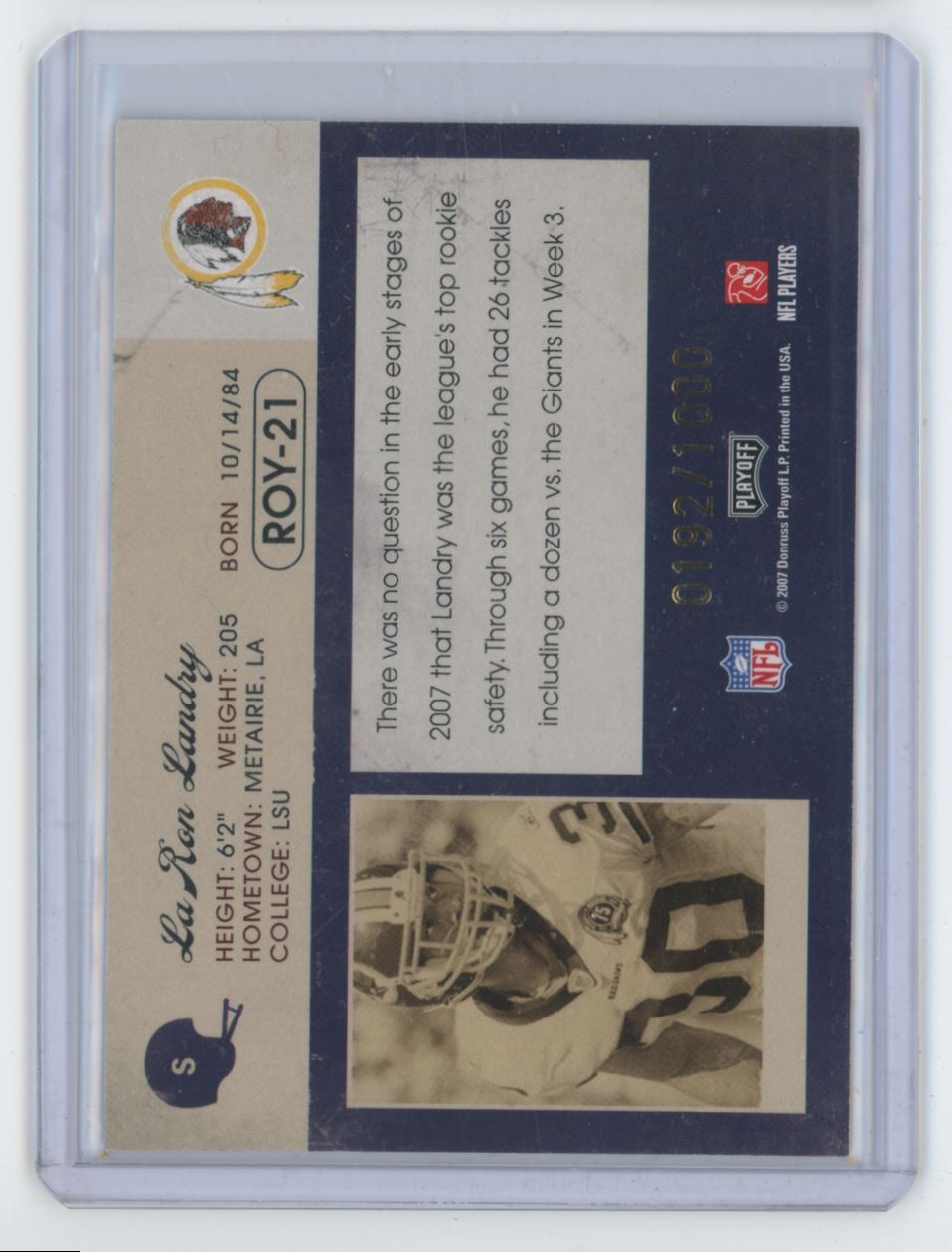 2007 Playoff Contenders ROY LaRon Landry Rookie .  0192/1000 Washington Redskins