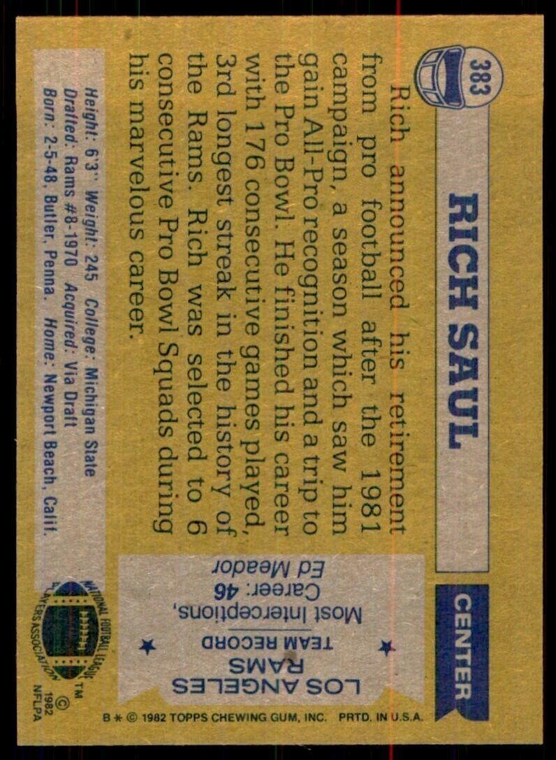 1982 Topps\ Rich Saul Los Angeles Rams #383.