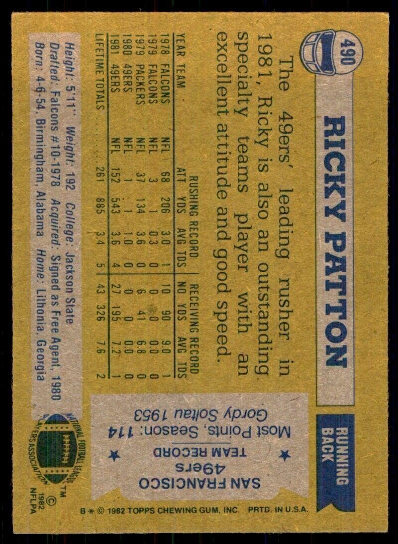 1982 Topps Ricky Patton San Francisco 49ers #490