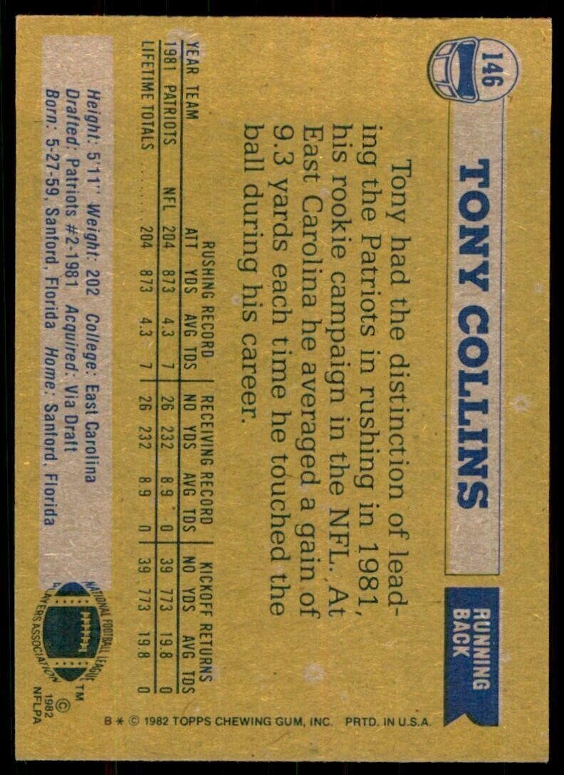 1982 Topps Tony Collins New England Patriots #146